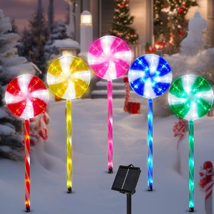 BRIGHTDECK 5 Pack Solar Christmas Pathway Lights, Multi Lollipop Stakes - color: Multicolor, size: 5Pack