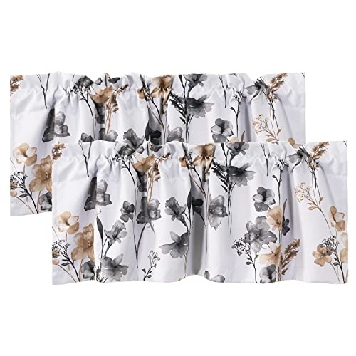 H.VERSAILTEX 100% Blackout Curtain Valances for Kitchen Windows 2 Panels Set Cattleya Floral Printed Leah Floral Thermal Insulated Rod Pocket Valances for Windows, 52" x 18", Grey/Taupe - color: Grey/Taupe, size: 52"W x 18"L (Pack of 2)