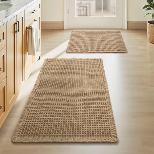 Upgraded Waffle Bath Mat Set of 2 Absorbent Bathroom Mat 17"x24" + 20"x32" - color: Brown, size: 17" x 24" + 20" x 32"
