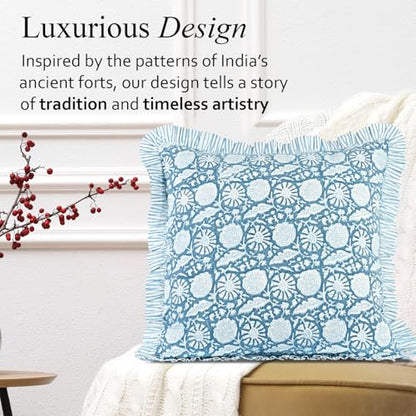 CPC Blue Meadow Block Print Ruffle Pillow Cover 18x18 Inch, Pack of 2 - color: Blue Meadow, size: 18" x 18" (Pack of 2)