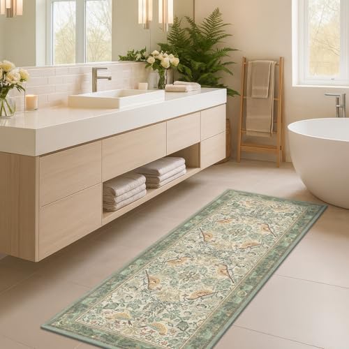 Sage Floral Kitchen Runners - 2x5 Runner Rug for Hallway Bathroom Laundry Room Bedroom Beside Bed Entryway, Boho Birds Leaves Patterned Non Slip Low Pile Washable Rugs - color: Sage Green, size: 2' x 5' (Runner)
