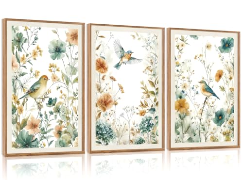 CHDITB 3 Pcs Boho Birds Flowers Framed Canvas Wall Art 16x24 Inch - color: Birds Wildflowers, size: 16"L x 24"W