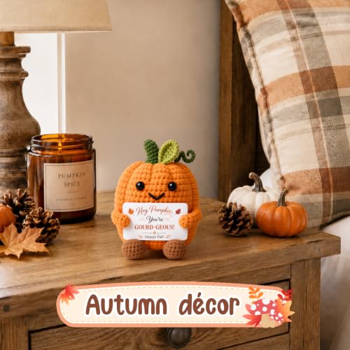Autumn Fall Decorations for Home on Thanksgiving, Fall Basket Stuffer for Women Handmade Crochet Pumpkin with Postive Card, Halloween Thanksgiving Gifts for Women Hostess Teachers Friends Coworkers