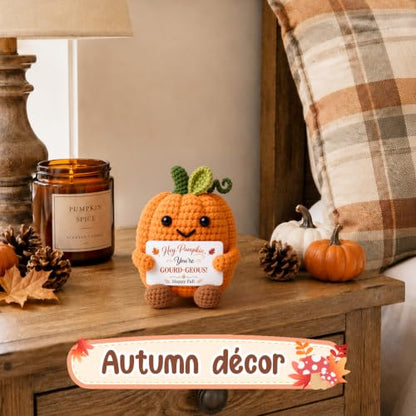 Autumn Fall Decorations for Home on Thanksgiving, Fall Basket Stuffer for Women Handmade Crochet Pumpkin with Postive Card, Halloween Thanksgiving Gifts for Women Hostess Teachers Friends Coworkers
