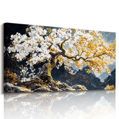 imjiayu Tree Wall Art, Zen Canvas Print, Gold Blossom Mountain Artwork - color: Ancient Tree, size: 40"L x 20"W