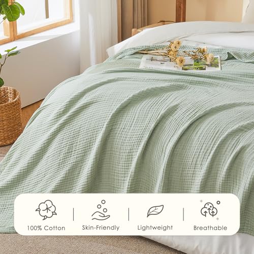 EMME Muslin Cotton Blanket Adults Heather Sage Green Throw XL 50"x70" - color: 09 - Sage Green, size: Large Throw (50" X 70")
