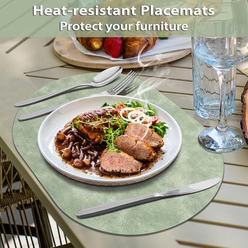 ADRIMER Oval Placemats Set of 6, Wipeable Faux Leather, Green - color: Green