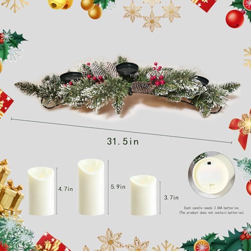 Christmas Candle Holder with 3 Electric Candles, Tabletop Decoration for Christmas Home Decor, Holiday Party Table Decorations Candle Holder with Pine Cone, Red Ball, Pine Needle