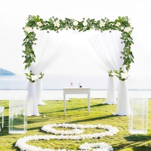 Artificial Eucalyptus Garland with Lights,Fairy Light Olive Leaves Vine Garland with White Flowers & White Berries, Bendable Mantle Garland for Indoor Outdoor Wedding, Home Decoration (9FT) - size: 9FT