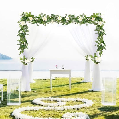 Artificial Eucalyptus Garland with Lights,Fairy Light Olive Leaves Vine Garland with White Flowers & White Berries, Bendable Mantle Garland for Indoor Outdoor Wedding, Home Decoration (9FT) - size: 9FT