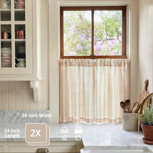 jinchan Linen Striped Tier Curtains for Kitchen Windows Farmhouse - color: Striped Tan | on Beige, size: 26"W x 24"L (Pack of 2)