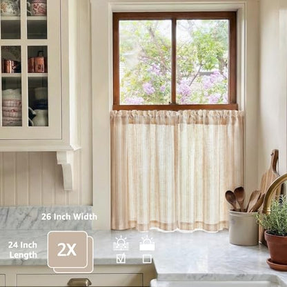 jinchan Linen Striped Tier Curtains for Kitchen Windows Farmhouse - color: Striped Tan | on Beige, size: 26"W x 24"L (Pack of 2)