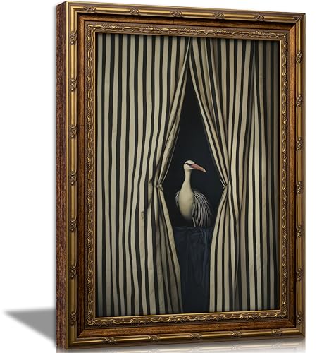 Vintage Framed Canvas Wall Art Moody Crane Pictures Wall Decor, Vintage Eclectic Bird Canvas Prints, Whimsical Surreal Humorous Animal Printings, Striped Artwork for Bathroom Bedroom Home Decor - color: crane, size: 12"L x 16"W