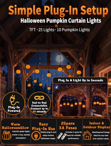 7FT Halloween Pumpkin Curtain String Lights Plug-in 25 LED Decor - color: Hooded Pumpkin Curtain Lights