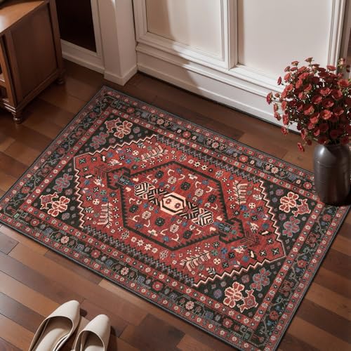 Ciicool 2x3ft Small Area Rug,Washable Boho Thin Mat for Entryway Kitchen - color: Red / Black, size: 2' X 3' (Rectangular)