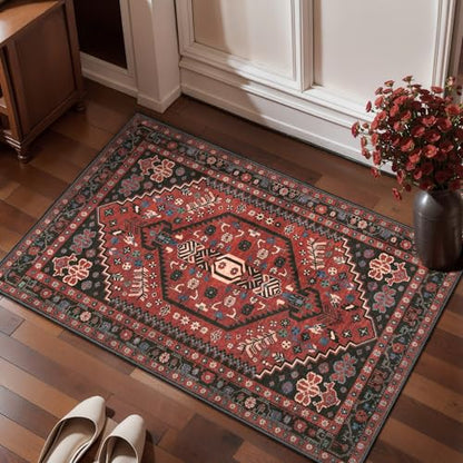 Ciicool 2x3ft Small Area Rug,Washable Boho Thin Mat for Entryway Kitchen - color: Red / Black, size: 2' X 3' (Rectangular)