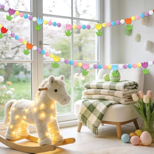 Jansun 8.2 FT 3D Spring Colorful Tulip Floral Felt Pre-Strung Garland - color: Multicolor Tulips