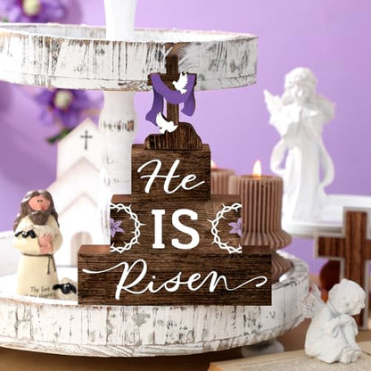 4 Pcs Easter Table Decorations He Is Risen Wooden Table Sign Religious Wood Centerpiece Easter Cross Blocks Farmhouse Tiered Tray Decor for Home Kitchen Shelf Decor (Religious) - style: Religious