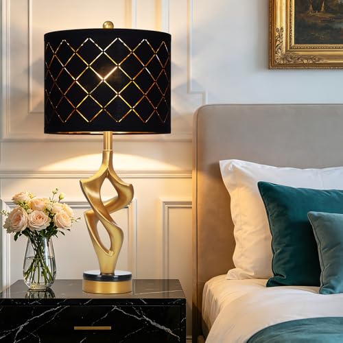 Ruzectt 29" Tall Black and Gold Table Lamp for Living Room, 3 Color Temperatures Bedside Lamp for Bedroom Nightstand, Modern Sculptural Resin Lamp with Grid Shade (1 LED Bulb Included) - color: Black & Gold (1 Pack)