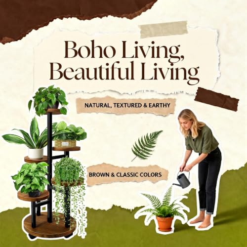 GEEBOBO 5 Tier Plant Stand With 4 Wheels - color: 5 Tier-Brown