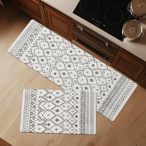 FRESHMINT Moroccan Kitchen Mat Set 2 Piece, 17x30''+17x47'', Bright White - color: Bright White