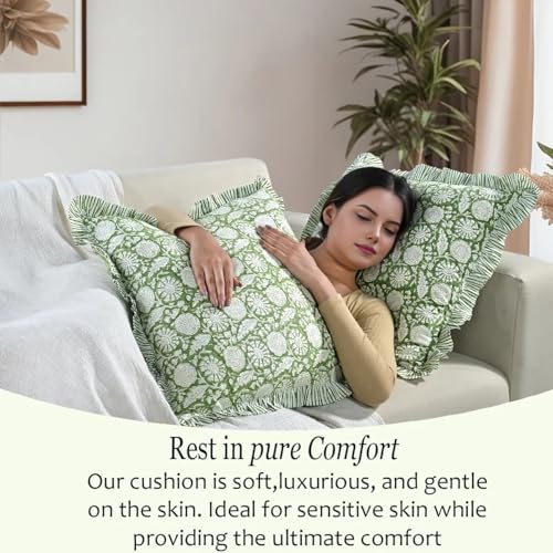 CPC Olive Bloom Block Print Ruffle Pillow Cover 18x18 Inch, Pack of 2 - color: Olive Bloom, size: 18" x 18" (Pack of 2)