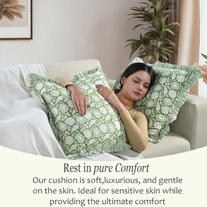 CPC Olive Bloom Block Print Ruffle Pillow Cover 18x18 Inch, Pack of 2 - color: Olive Bloom, size: 18" x 18" (Pack of 2)