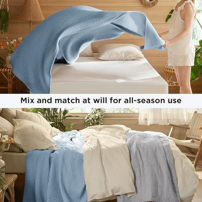 Bedsure Lightweight 100% Cotton Waffle Blanket, 120x94, Celestial Blue - color: Celestial Blue, size: Oversized King (120" X 94")
