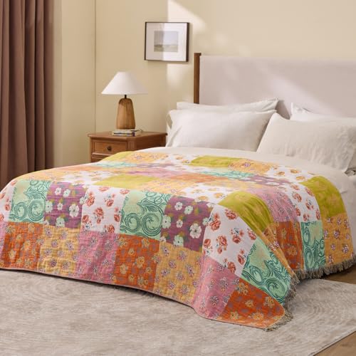 RILIHO 100% Cotton Boho Throw Blanket for Home Decor – Classic Farmhouse Quilt Bedding, Muslin Blankets for Adults, Vintage Woven Decorative Blanket for Couch, Bed Layering Use, Patchwork, 104"x90" - color: 3 - Patchwork, size: King(104 x 90 Inch)