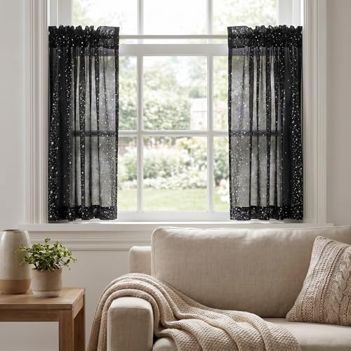 Horaldaily 2Pcs Black Tier Curtains 52x36in, Silver Sequin Star, Halloween - color: Black and Sliver, size: 52"W x 36"L (Pack of 2)