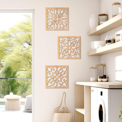 KOYILTD 4 Pcs Thicken Wooden Wall Art Rustic Farmhouse Flower Wall Art - color: Square, size: 8.2in