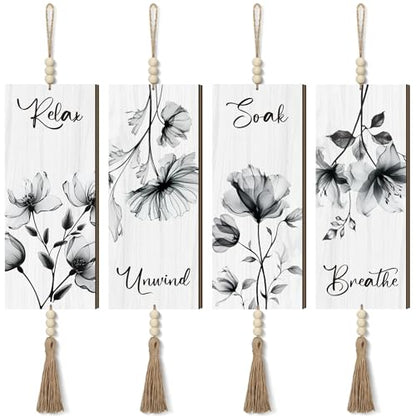 Qunclay 4 Pcs Boho Bathroom Wall Decor Relax Soak Unwind,Gray,Flower - color: Gray Flower