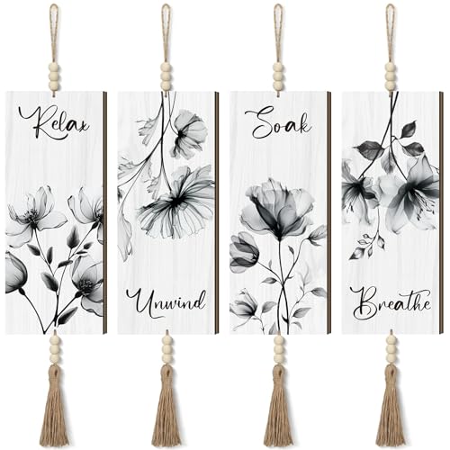 Qunclay 4 Pcs Boho Bathroom Wall Decor Relax Soak Unwind,Gray,Flower - color: Gray Flower