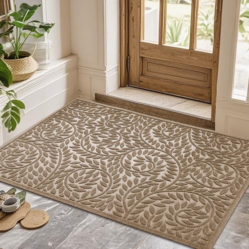 Bulijojo Front Door Mat Entrance,Durable Heavy Duty Welcome Mat,Thick Absorbent Natural Rubber Non Slip Mat,Sturdy Entryway Beige 47"x32" - color: Beige, size: 2'8" x 3'11" (Leaf)