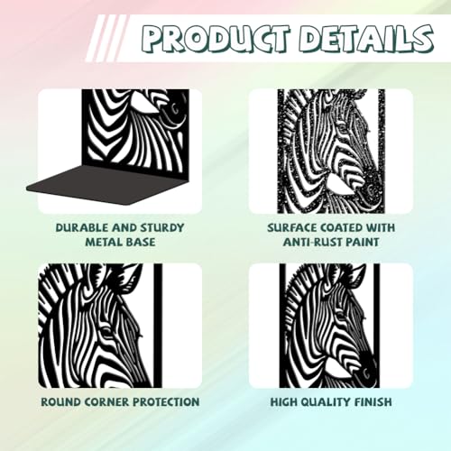 Peacoblue 5.3"x4.3"x7.9" Metal Bookends, Heavy Duty Book Ends for Shelves - style: Zebra