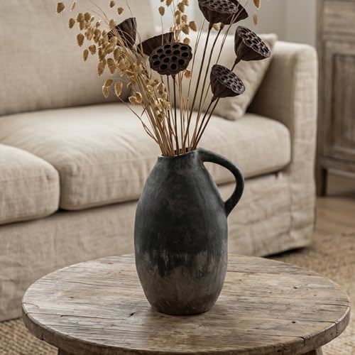 Rustic Ceramic Vase with Handle, 10.3 Inch, Terracotta Decor - color: Black