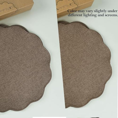 AHHFSMEI Round Scalloped Placemats Set of 6 15 Inch Faux Linen - color: Brown