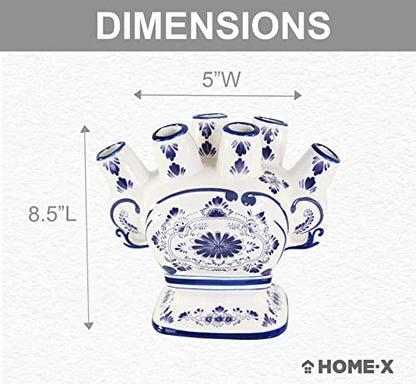 Home-X Ceramic Flower Vase – 6-Port Bud Ivory Vase – Unique Decorative Flower vase for Living Room, Bedroom, Kitchen, or Office (White & Blue)