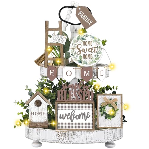 FairySandy 11 Pcs Home Tiered Tray Decor Greenery Rustic Wooden Signs - style: Greenery