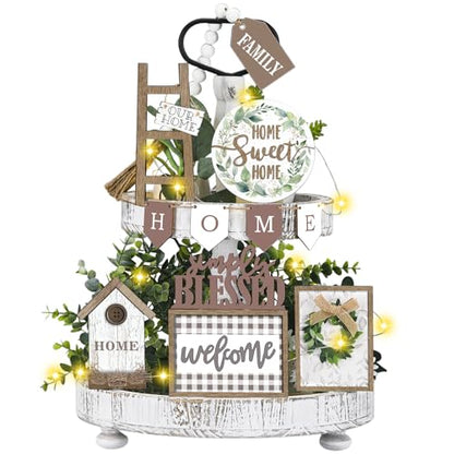 FairySandy 11 Pcs Home Tiered Tray Decor Greenery Rustic Wooden Signs - style: Greenery