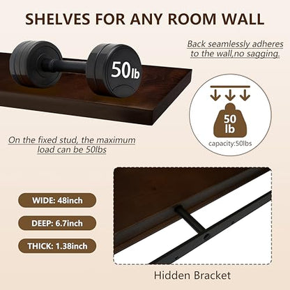 foxsky 48 Inch Long Walnut Floating Shelves for Wall, Solid Wood Shelf - color: Walnut, size: 48 inch