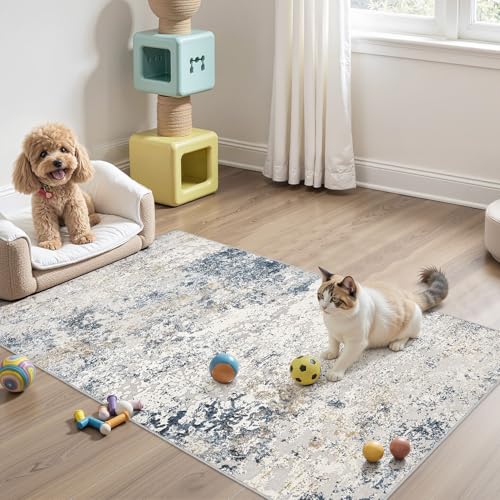 DMOYEST 3x5 Entryway Area Rug Washable Abstract Beige Blue Small Carpet - color: Beige Blue, size: 3' x 5' (Rectangular)
