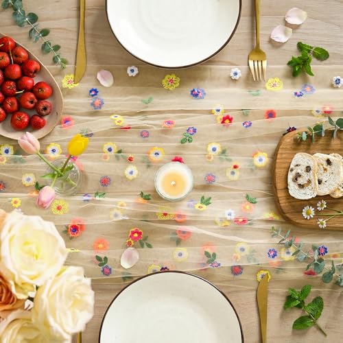 Artoid Mode Beige Apricot Floral Gauze Embroidery Table Runner 120Inch 10FT - color: Champagne, size: 27" x 120"