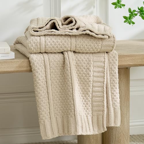 Amélie Home Chenille Knit Throw Blanket, Sandy Beige 50"x60" - color: Sandy Beige, size: 50" X 60"
