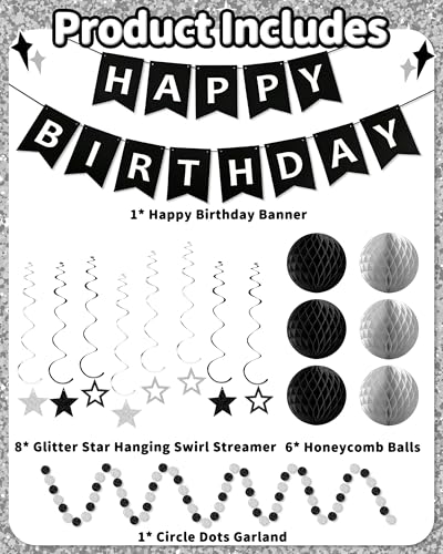 Happy Birthday Decorations, Party Decorations Banners for Men Boys - color: Black Sliver