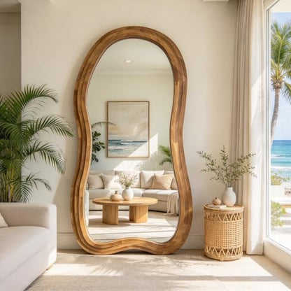 71"x33.5" Irregular Full Length Mirror with 3-Layer Wood Frame - color: Natural, size: 71"L x 33.5"W