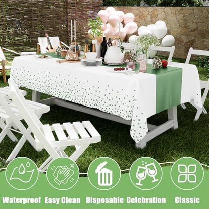 Smiry Disposable Rectangle Plastic 54 x 108 Inch Table Cloth 3 Pack - color: White and Sage Green