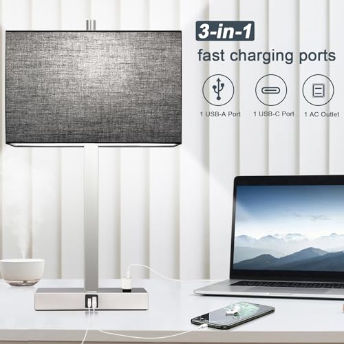 21" Touch Bedside lamps with 2 USB & AC Outlets, 3-Way Dimmable Bedside Table Lamps Set of 2 for Bedroom Living Room Office Reading, Black Shade Lamps for Night Stands, 5000K LED Bulbs Included - color: Black Linen & Brushed Nickel