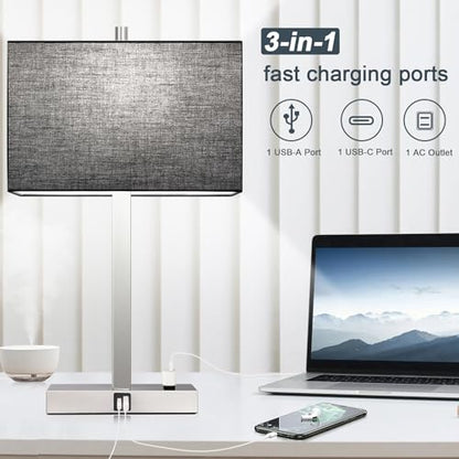 21" Touch Bedside lamps with 2 USB & AC Outlets, 3-Way Dimmable Bedside Table Lamps Set of 2 for Bedroom Living Room Office Reading, Black Shade Lamps for Night Stands, 5000K LED Bulbs Included - color: Black Linen & Brushed Nickel