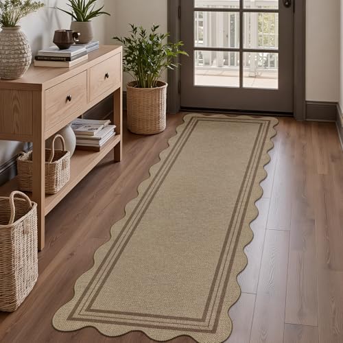 Scalloped Easy Jute 2x6 Kitchen Runner Rug, Washable Rugs for Entryway Non Slip Outdoor Indoor Long Rug, Farmhouse Modern Carpet for Hallway Bedroom - color: Brown Geometric, size: 2'x6' (Runner)